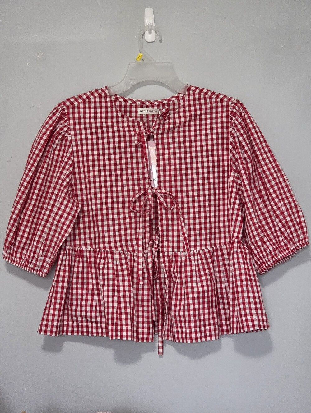 NWT Avec Les Filles Red Gingham Tie Front Peplum Puff Sleeve Top S Cottagecore